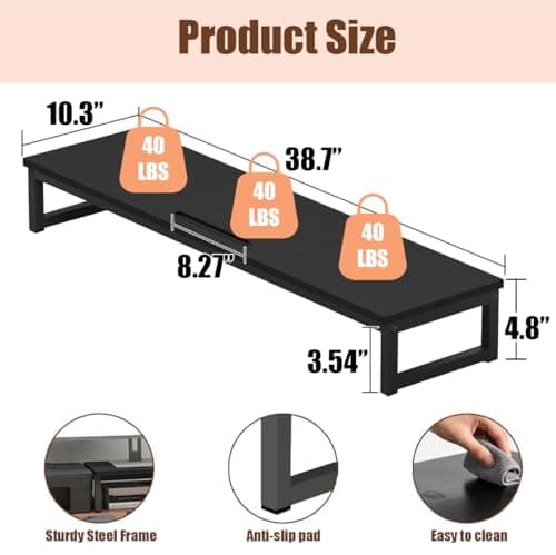 huacz Dual Monitor Stand Riser, 38.7'' Long Wood and Steel Monitor Stand for 2 Monitors, Ergonomic Desktop Organizer with Tablet Stand for Computer,Laptop,TV (Black) - Thumbnail 4