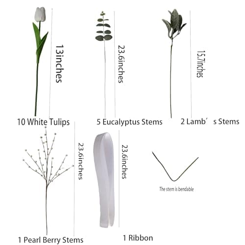 siqifloral 18 Pcs Artificial White Tulips Bouquet with Eucalyptus and Pearl Berries, Real Touch Silk Flowers for DIY Wedding Centerpieces, Home Table Arrangement - Thumbnail 2