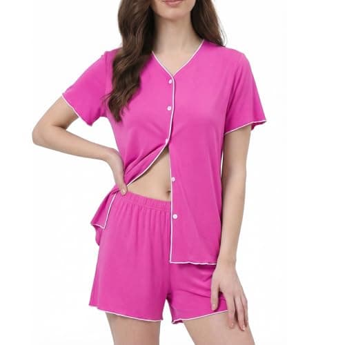Luwnlorder Womens Pajama Sets Shorts Sleeve Button Down Collarless Lightweight Pjs Lounge Set, Rose Red, Small - Image 1