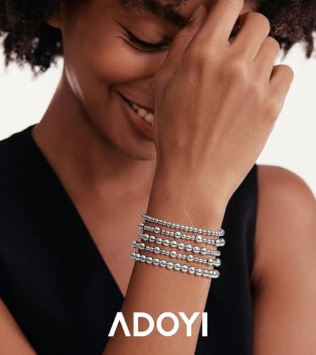 adoyi Silver Bracelets for Women Beaded Bracelet 14K Gold Plated Bracelet Stack Strand Stretch Bead Ball Bracelet Set Stackable Bracelet Adjustable Bracelet Set Jewelry for Women 6.8 inches - Thumbnail 2