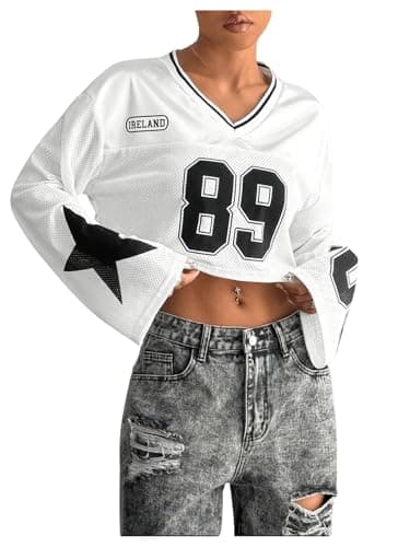 Milumia Women's Jersey Shirts Y2k Number Print Long Bell Sleeve Crop Tops Football Jersey White X-Small - Image 1