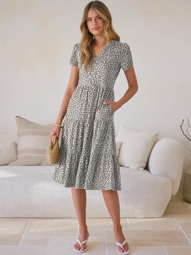 ANRABESS Womens Summer Causal Dresses V Neck Short Sleeve Midi Dress 2026 Flowy Tiered Boho Beach Sundress Vacation Outfits Khaki Polka Dot S - Thumbnail 2