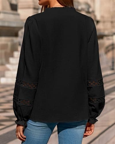 KIRUNDO Going Out Tops for Women 2026 Spring Fashion Boho Cotton Eyelet Long Sleeve Button Up Shirt Lace Dressy Casual Blouse(Black, Medium) - Thumbnail 2