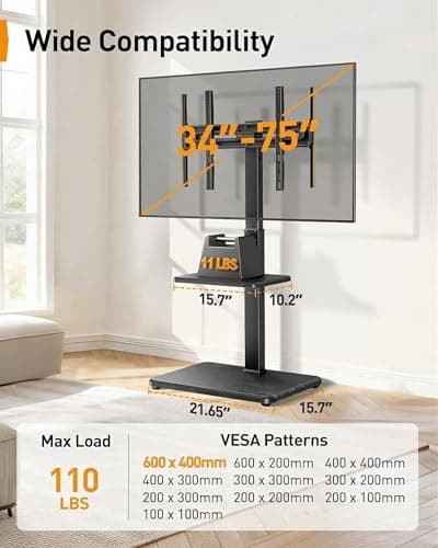 Perlegear Floor TV Stand with LED Light for 32”-75" TVs, Tall TV Stand with Swivel and Tilt, 12 Height Levels TV Mount Stand, Solid Wood Base up to 110 lbs for Living Room, Max VESA 600x400mm, PGFS21B - Thumbnail 4