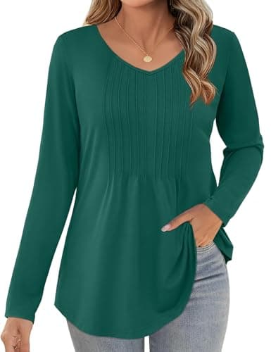 JUSTFASHIONNOW Shirts for Women Trendy Long Sleeve Tops V Neck Dressy Blouses Pleated Maternity Shirt Tunics Early Fall Fashion Christmas (Dark Green, Large) - Thumbnail 3