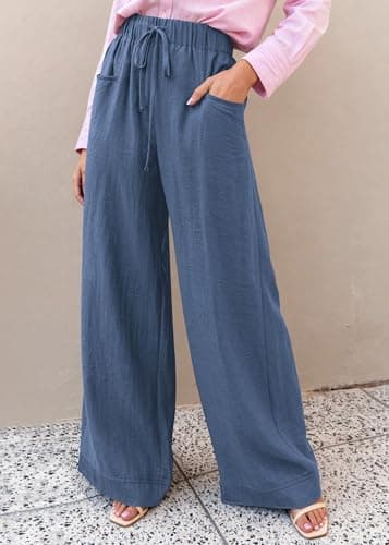 KIRUNDO Wide Leg Palazzo Pants for Women Summer High Waist Flowy Casual Trousers Lounge Pants Beach Vacation Travel Outfits (Dusty Blue, XX-Large) - Thumbnail 4