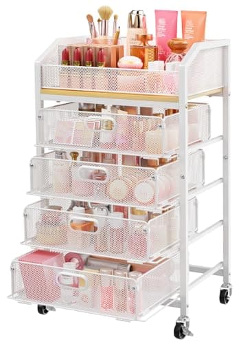 SUNALLY Makeup Organizer Cart with 4 Drawers, Rolling Makeup Storage Cart Metal Skincare Organizers, Large Vanity Storage Organizer Cosmetics Display Cases for Skin Care Perfume Nail Polish, White - Image 1