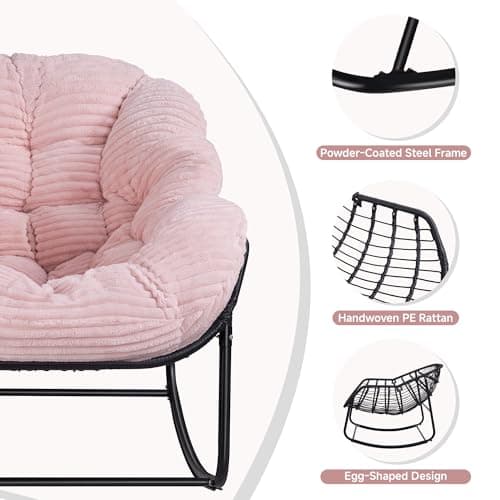 Halituny Indoor Rocking Chair, Oversized Outdoor Lounge Chair with Thick Corduroy Cushion & Straps, Wicker Modern Comfy Rocker Egg Chair for Living Room, Bedroom, Porch and Courtyard, Pink - Thumbnail 5