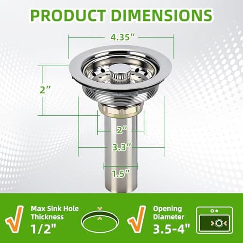3 In 1 Kitchen Sink Drain Assembly, Stainless Steel Basket Strainer, 3-1/2 Inch Sink Drain Stopper Plug, Threaded Plastic Sink Strainer Tailpiece 1-1/2 in - Thumbnail 2