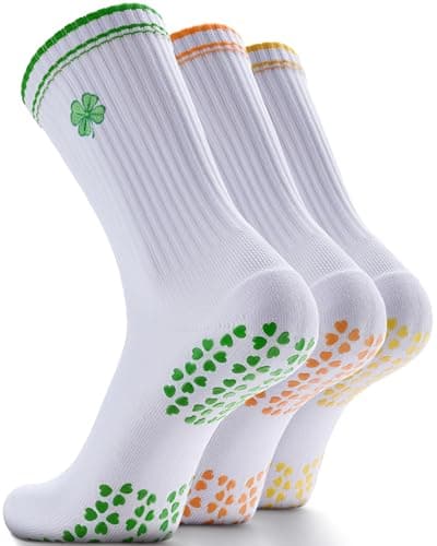 NSRRUN TURTLE Non-Slip Pilates Grip Socks for Women - Embroidery Crew Sock with Sticky Sole, Ideal for Yoga, Workout, & Barre, Medium, 3 Pairs -Orange&Green&Yellow