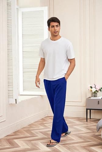 Deyeek Mens Baggy Sweatpants Wide Leg Gym Pants Open Bottom Sweatpants for Men Cotton Lounge Pants Blue Sweats with Pockets - Thumbnail 3