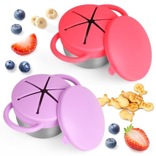 2 Pack Snack Cups for Toddlers Spill Proof - Detachable Stainless Steel Toddler Snack Cups with Silicone Lids & Handles - Dishwasher Safe Baby Snack Containers for Mess-Free Snacking (Red and Purple) - Image 1