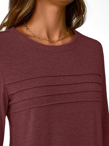 NORACORA Womens 3/4 Sleeve Tops Spring Summer Round Neck Dressy Shirts Tunic Pleated Tees Business Casual T-Shirts Fall Goning Out Outfits Wine Red L - Thumbnail 6