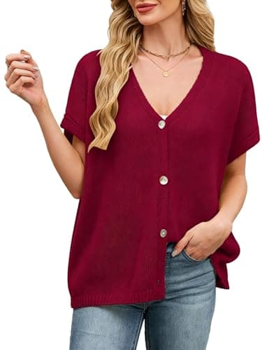 SunnyMelody Womens Oversized Cardigan Sweaters for Women Fall Spring Summer 2026 Trendy Short Sleeve Light Weight Cozy Soft Sheer Knit V Neck Button Cap Sleeves Cardigans Burgundy M - Image 1