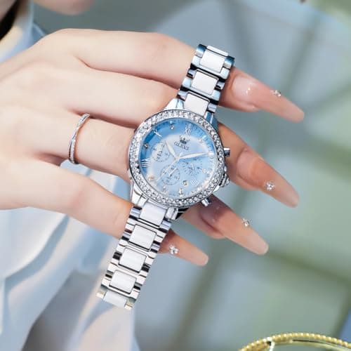 OLEVS Women's Silver Watch Water Resistant for Women Ceramic Stainless Steel Bracelet Blue Mother of Pearl Chronograph Dial Luxury Diamond Bezel Elegant Ladies Quartz Wrist Watch Gift reloj para Mujer - Thumbnail 4