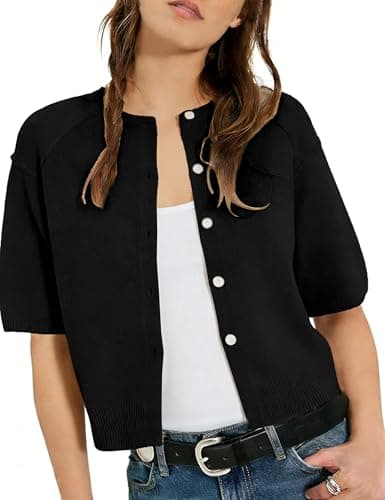 AMEBELLE Cropped Cardigan for Women Short Sleeve Ribbed Knit Button Up Shirt Lightweight Crewneck Casual Sweaters Tops (2668-Black-L) - Image 1