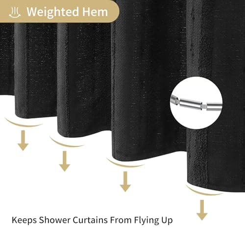 Lameirose Black Shower Curtain Boho, Cotton Blend Waffle Shower Curtains Textured, Fabric Shower Curtain for Bathroom, Hotel, Washable,72 x 72 - Thumbnail 6