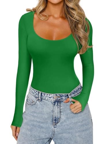 REORIA Womens Basic Sexy Scoop Neck Long Sleeve Leotards Fashion Fall Outfits Double Lined Layering Slim Soft Bodysuits Tops Starry Blue Small - Thumbnail 2