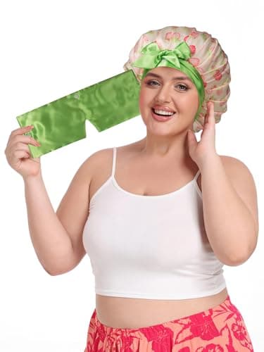 Vettres Pleated Silk Sleeping Bonnet with Eye Mask Double Layer Satin Hair Bonnets Sleep Cap for Curly Natural Hair Pink Green Strawberries - Thumbnail 5