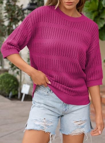 Dokotoo Short Sleeve Sweater for Women Striped Knit Half Sleeve Summer Tops for Women 2026 Vacation Outfits for Women Rose Red Large - Thumbnail 4