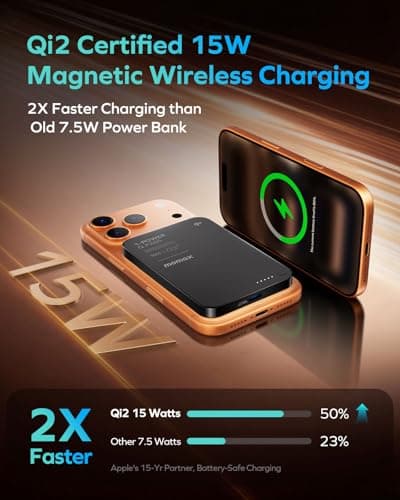 MOMAX Q.PASS Magnetic Power Bank Fast Charging Qi2 Certified 15W, 5000mAh 0.37" Slim Portable Charger Wireless for Magsafe Battery Pack iPhone Air/17/16/15/14/13/12,Samsung Galaxy,Google Pixel,Android - Thumbnail 2