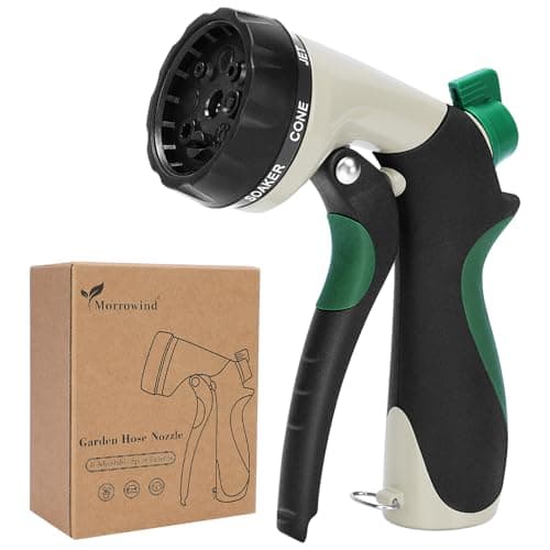 MORROWIND Garden Hose Nozzle, Heavy Duty Metal Water Nozzle with 8 Adjustable Spray Patterns, High Pressure Ergonomic Flow Control for Watering Plants, Lawns, Washing Cars, Pets, Black with Green - Image 1