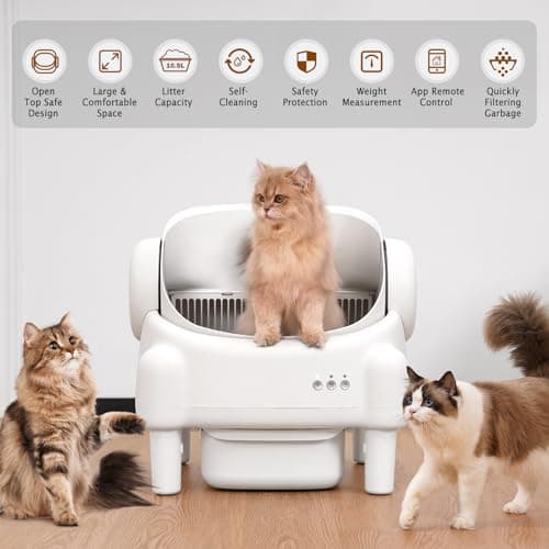 Self Cleaning Litter Box,Open Top Automatic Litter Box with App Control for Multiple Cats, Safety Sensors Protection, Odor Control Includes 2 roll Liners,Large Waste Bin, Cream White - Thumbnail 3