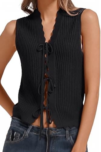 Orolay CHIIONE Women Tie Front Sweater Vest Beach Vacation Knit Sleeveless Sweaters Scalloped Edge Summer Tank Tops - Image 1
