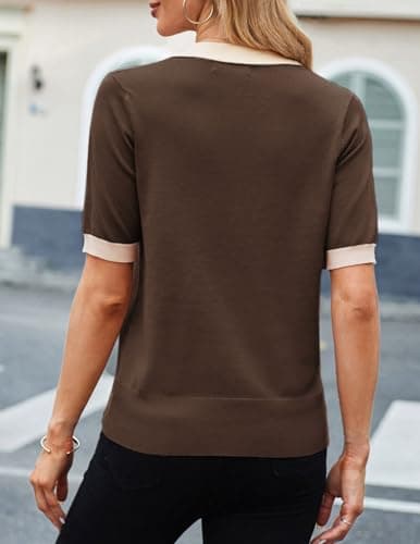 Kate Kasin Women Short Sleeve Polo Sweater Tops Lightweight Summer V Neck Color Block Knit Pullover Top Shirt Coffee XXL - Thumbnail 5
