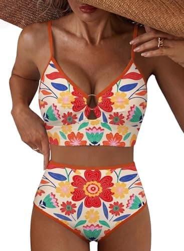 Herseas Women's 2 Piece Bikini Sets Metal Ring High Waisted Swim Suits 2026 Cutout Full Coverage Teen Girls Trim Bathing Suit Retro Beach Vacation Outfits Multicolor Floral Orange Large - Image 1