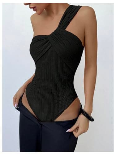 GORGLITTER Women's Twist Front One Shoulder Bodysuit Sleeveless Backless Asymmetrical Neck Tank Top Jumpsuits Black Small - Thumbnail 3