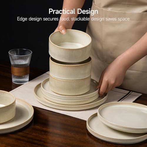 ALOFMO Stoneware Dinnerware Sets, Plates and Bowls Sets for 4, 12-Piece Ribbed Dishes – Chip & Scratch Resistant, Microwave and Dishwasher Safe Tableware, Beige - Thumbnail 6