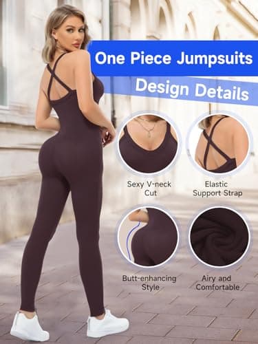 VUTRU Women’s Jumpsuits Cross Strap One Piece Bodysuit Sexy Workout Tummy Control Athletic Sleeveless Romper（Dark Brown XL） - Thumbnail 2
