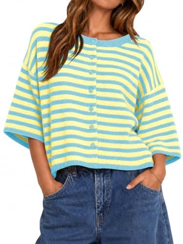 Saodimallsu Womens Short Sleeve Cardigan Cropped Striped Button Down Oversized Lightweight Knit Summer Sweater Tops Yellow - Image 1