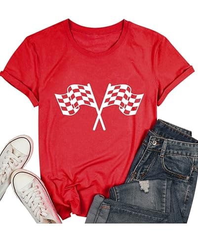 IsPICK Start Your Engines Shirt for Women Racing Car Checkered Graphic Tees