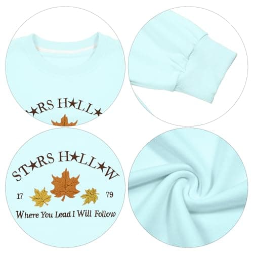 Crewneck Sweatshirt for Women Fall Leaf Graphic Sweatshirts Vacation Long Sleeve Drop Shoulder Pullover Blue - Thumbnail 6