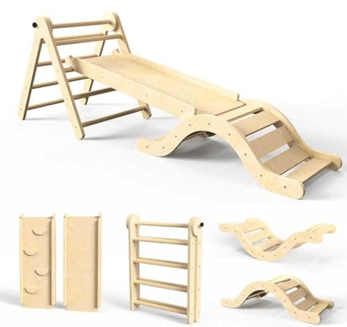 doowroodni Pikler Triangle Set 7in1 Toddler Climbing Toys Indoor Foldable Baby Climbing Toys Wooden Montessori Climbing Set with Arch, Ramp, Ladder for 1-3 Years, Jungle Gym for Kids (Natural)