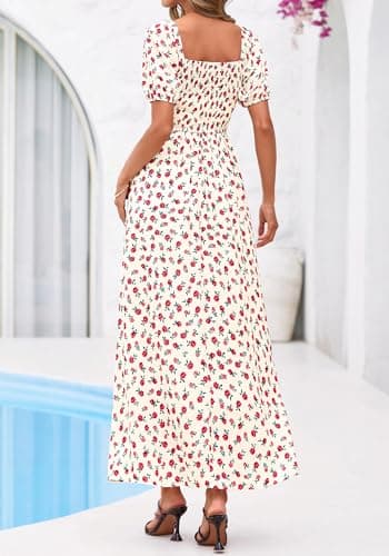 BTFBM Spring Summer Dresses for Women 2026 Puff Short Sleeve Smocked Floral Print Boho Beach Wedding Guest Maxi Dress(Floral Apricot Rose Red, XX-Large) - Thumbnail 3