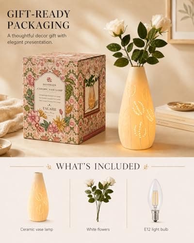 TACAHE Ceramic Vase Table Lamp, 2700K Bulb & 3 Artificial Flowers Included, E12 Socket, Inline Switch, Handmade Openwork Craft, Ambient Light for Living Room Bedroom - Tulip 11" - Thumbnail 5