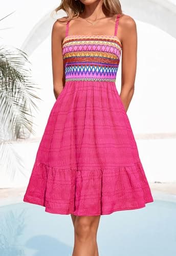 PRETTYGARDEN Womens Dresses Casual Summer Square Neck Spaghetti Strap Lightweight Textured Cami Sun Dress Beach Cover Ups (Rose Red, XX-Large) - Thumbnail 3
