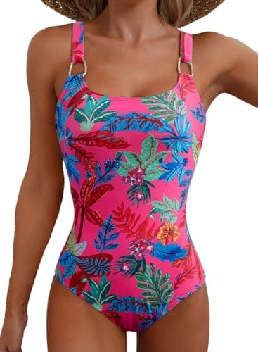 Herseas Women's Metal Ring Wide Straps U Neck One Piece Swimsuit Floral Print Tummy Control Cute Bathing Suit Moderate Coverage Vacation Clothes for Teens XX-Large - Image 1