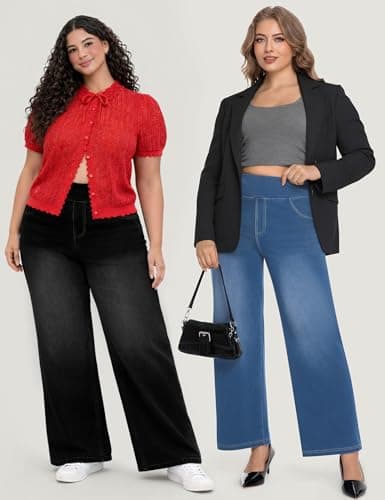 AVAMO Plus Size Jeans for Women Stretchy Wide Leg Pull On Sweatpant Jeans for Curvy Women High Waisted Baggy Denim Pants Black - Thumbnail 3