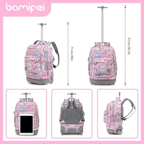 BAMIFEI 18 Inch Unicorn Rolling Backpack for Kids, Unicorn Roller Backpacks Kids Backpack Carry On Wheeled School Backpack, Spacious Multiple Compartments Quiet Wheels Travel Backpack for Girls - Thumbnail 4