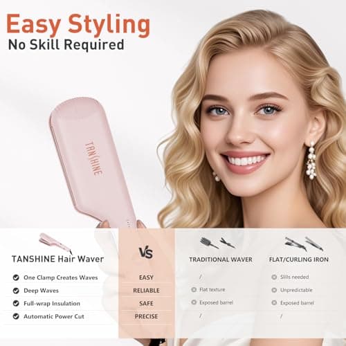 TANSHINE Curling Iron Hair Waver,1.25 Inch Dual Barrel Barrel Ceramic Hair Crimper for Beach Waves,Ionic Deep Waver Curler with Dual Voltage, Anti-Scald Protection Curling Wand, Adjustable Temp,Pink - Thumbnail 3