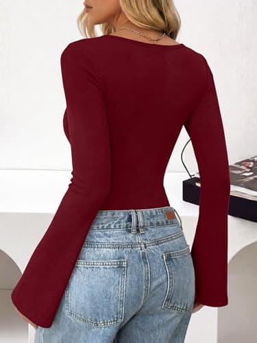 ANRABESS Womens Bell Sleeve Bodysuits Top,Wine Red,S - Thumbnail 6