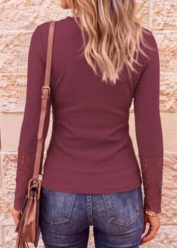 BTFBM Women Long Sleeve Shirts Spring Solid Button Up V Neck Lace Long Sleeves Slim Fit Knit Casual Fall T-Shirts 2026(Wine Red,Small) - Thumbnail 3