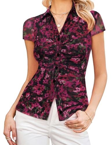 GRACE KARIN Women Mesh Boho Tops Dressy Casual Floral Short Sleeve Button Down Blouse Collared Outfit Black Red XL - Image 1
