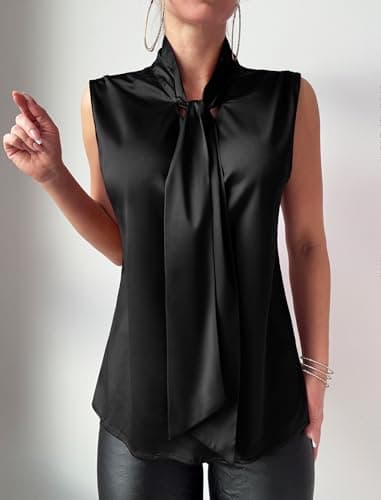 ZAFUL Women's Silk Satin Tank Tops Bow Tie Knot Mock Neck Casual Sleeveless Blouses Summer Basic Tanks Shirt Black S - Thumbnail 3