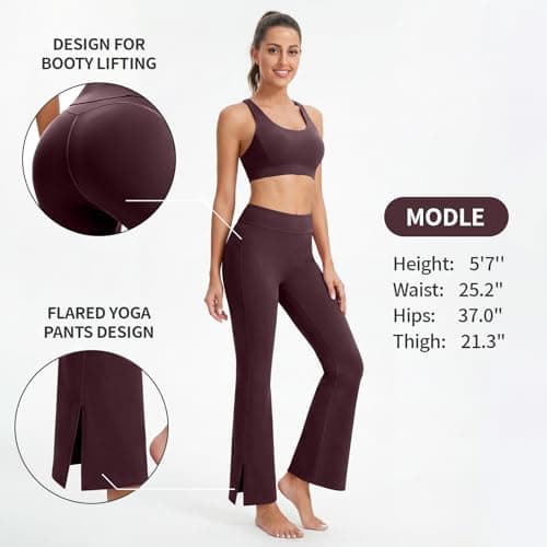 AMLEER Women's High Waist Full-Length Flare Leggings with Side Slit - Tummy Control Butt Lifting Gym Yoga Pants (Brown, X-Large) - Thumbnail 5