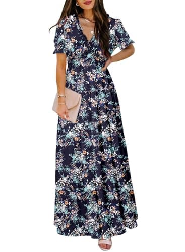 BLENCOT Women's Casual Boho Floral Printed Deep V Neck Loose Short Sleeve Long Evening Dress Ruched Cocktail Party Maxi Wedding Dress Navy Blue Large - Image 1